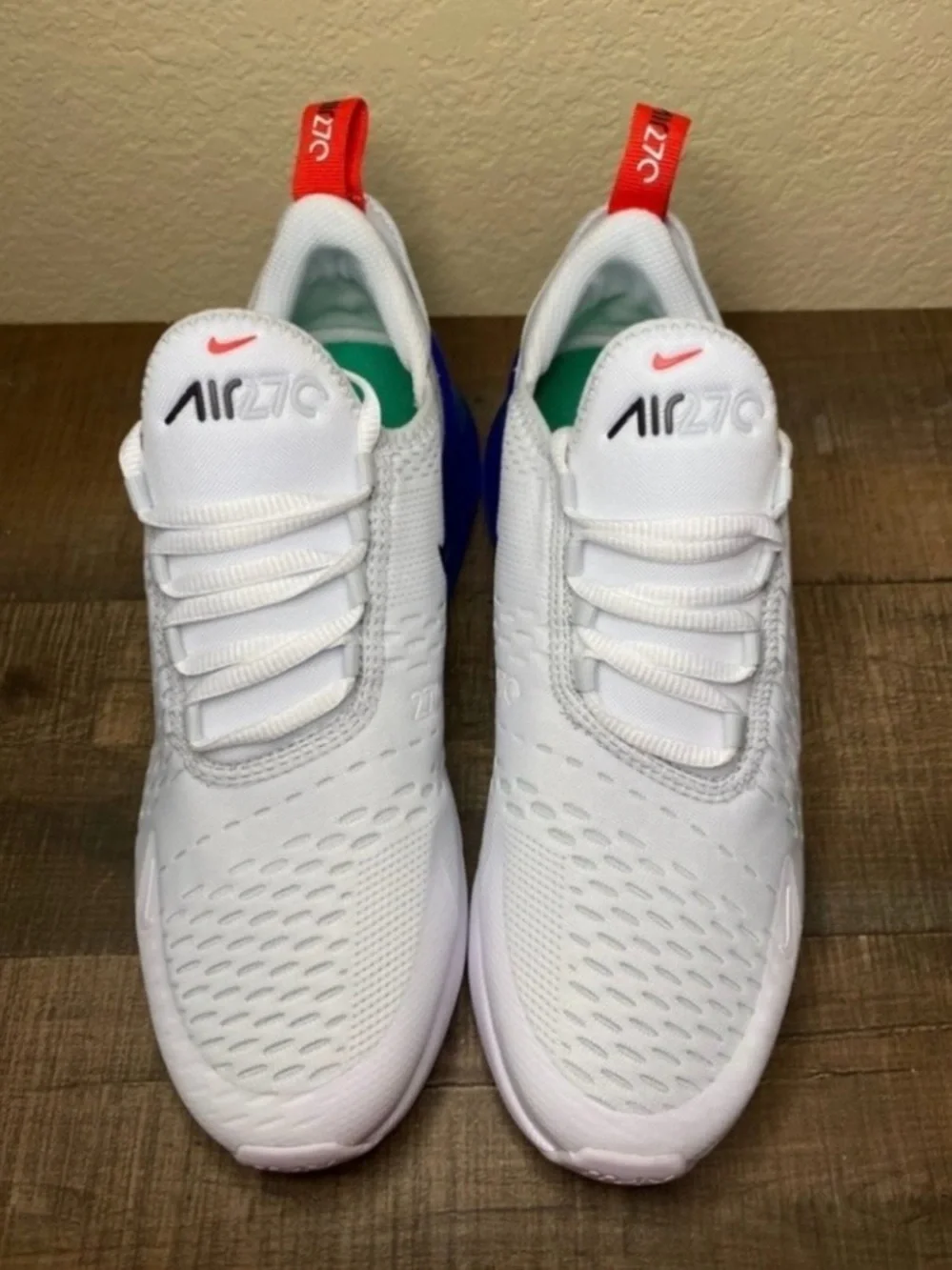 Nike Air Max 270 White with Blue Heel and Red Pull Tab